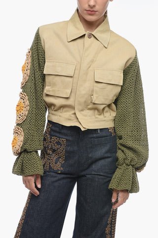 Bomber Fit Denim Jacket with Crochet Sleeves