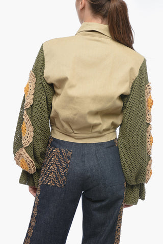 Bomber Fit Denim Jacket with Crochet Sleeves