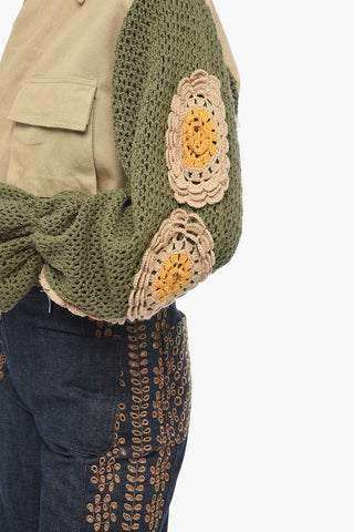 Bomber Fit Denim Jacket with Crochet Sleeves