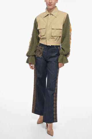 Bomber Fit Denim Jacket with Crochet Sleeves