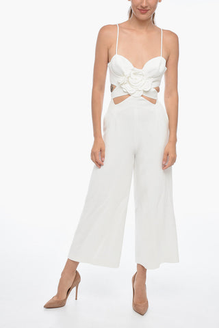 Cropped Fit Jumpsuit with Cut-Outs and Flower Applique