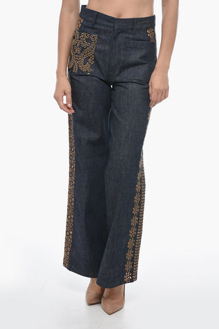 Embroidered Denim Palazzo Jeans with Dark Wash 28cm