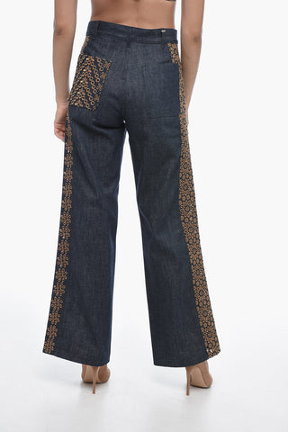 Embroidered Denim Palazzo Jeans with Dark Wash 28cm