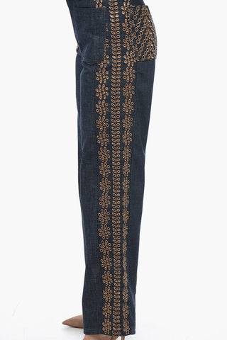 Embroidered Denim Palazzo Jeans with Dark Wash 28cm
