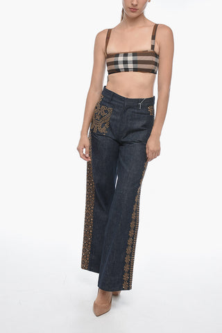 Embroidered Denim Palazzo Jeans with Dark Wash 28cm