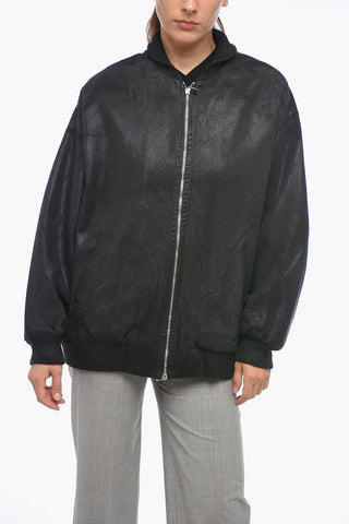 Coated Cotton Bomber Jacket with Front Zip
