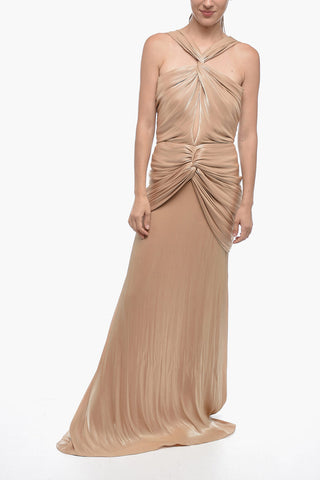 Draped Lurex Maxi Dress with American Collar
