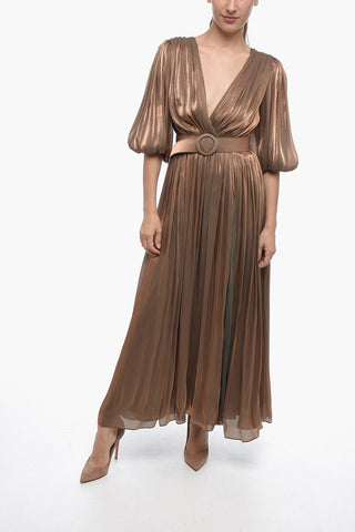 Draped Lurex Maxidress with Balloon Sleeves and Belt