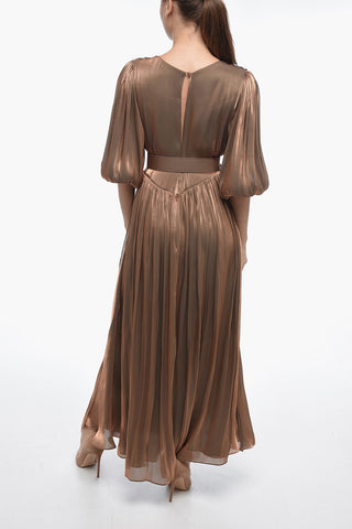 Maxidress Drappeggiato in Lurex con Maniche a Palloncino e Cintura