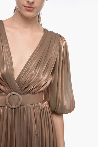 Draped Lurex Maxidress with Balloon Sleeves and Belt
