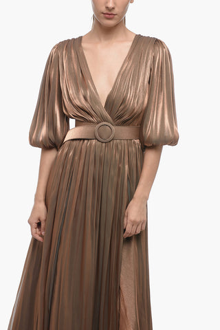 Draped Lurex Maxidress with Balloon Sleeves and Belt