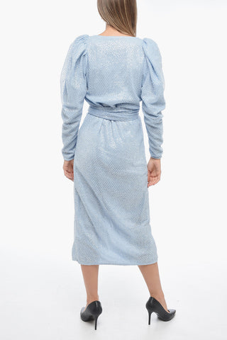 Sequin Wrap Midi Dress with Balloon Sleeves