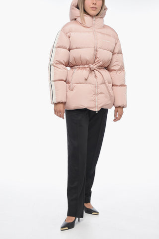 Hooded TAPE Down Jacket with Drawstringed Waist