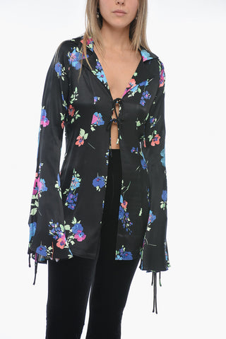 Floral Patterned Satin Shirt with Flared Sleeves