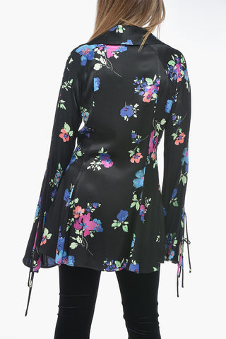 Floral Patterned Satin Shirt with Flared Sleeves