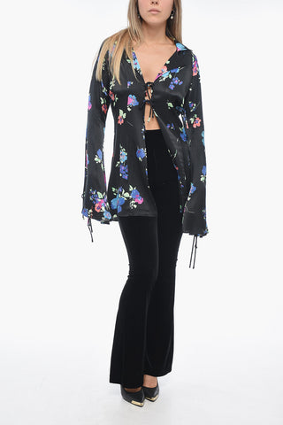 Floral Patterned Satin Shirt with Flared Sleeves