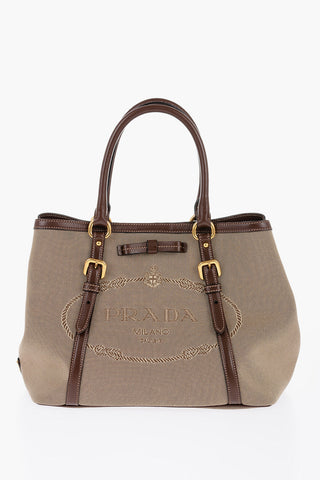 Borsa a Mano Espandibile in Tessuto con Manici in Pelle
