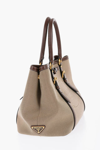 Borsa a Mano Espandibile in Tessuto con Manici in Pelle