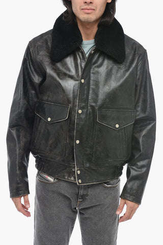 Craquelé Leather L-MUDS Jacket with Fur Collar