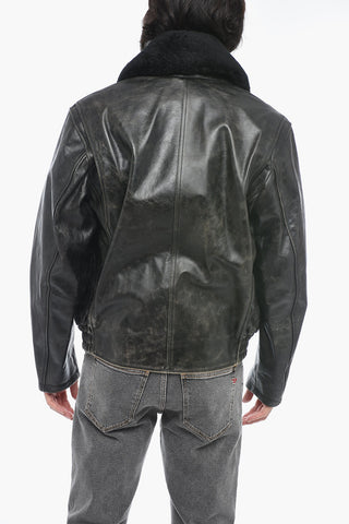 Craquelé Leather L-MUDS Jacket with Fur Collar