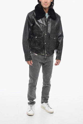Craquelé Leather L-MUDS Jacket with Fur Collar