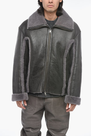Vintage Effect Leather L-BROWNY Oversized Jacket with Fur Detail
