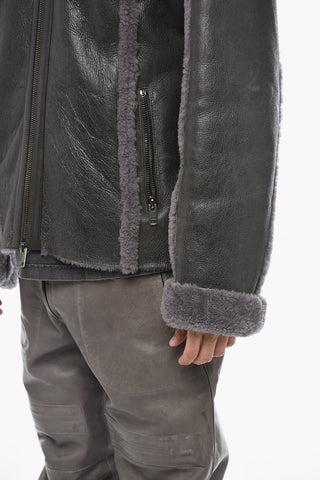 Vintage Effect Leather L-BROWNY Oversized Jacket with Fur Detail