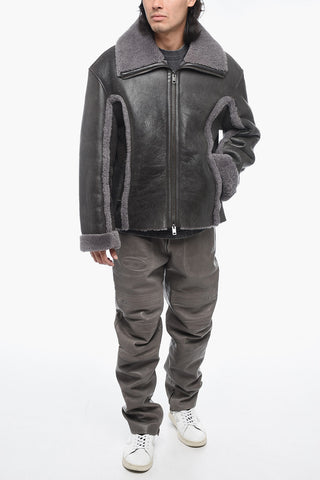 Vintage Effect Leather L-BROWNY Oversized Jacket with Fur Detail