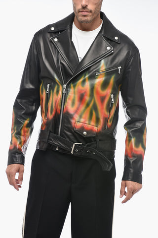 Leather BURNING Biker Jacket with Flames Motif