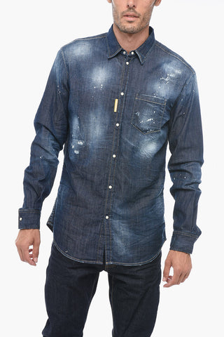 ICON Distressed Denim Shirt with Pin Splatter Motif