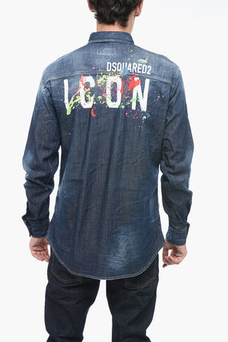 ICON Distressed Denim Shirt with Pin Splatter Motif