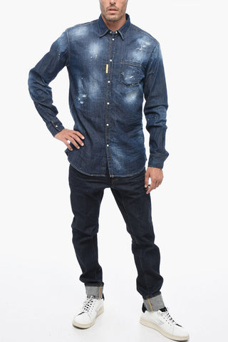 ICON Distressed Denim Shirt with Pin Splatter Motif