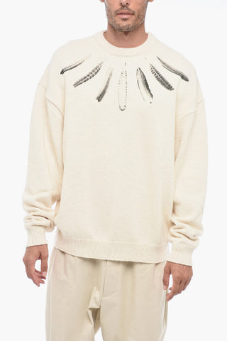 Crew Neck WIND FEATHERS Cotton Sweater with Print