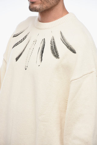 Crew Neck WIND FEATHERS Cotton Sweater with Print