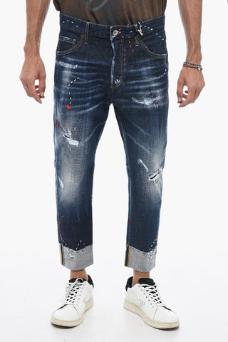 Jeans Sailor Crop Effetto Distressed con Ricami 17,5cm