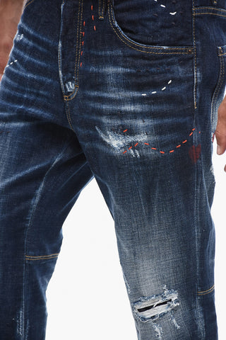 Jeans Sailor Crop Effetto Distressed con Ricami 17,5cm