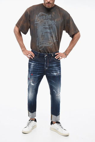 Jeans Sailor Crop Effetto Distressed con Ricami 17,5cm