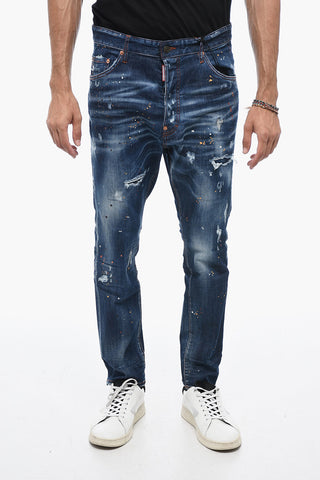 Distressed Crotch denims with Paint Splatter Motif 16cm