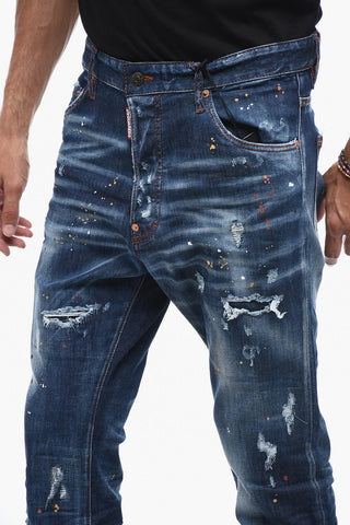 Distressed Crotch denims with Paint Splatter Motif 16cm