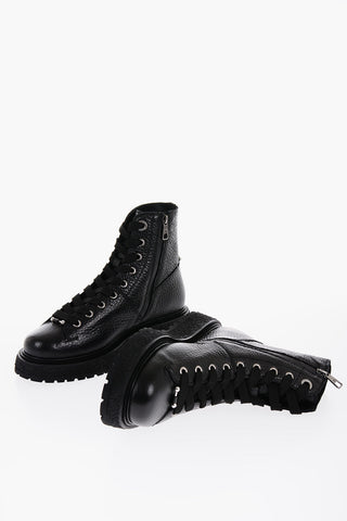 Textured Leather Combat Boots with Side Zip