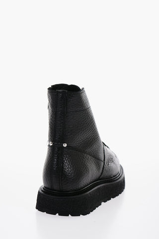 Textured Leather Combat Boots with Side Zip