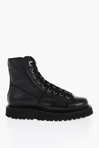 Textured Leather Combat Boots with Side Zip