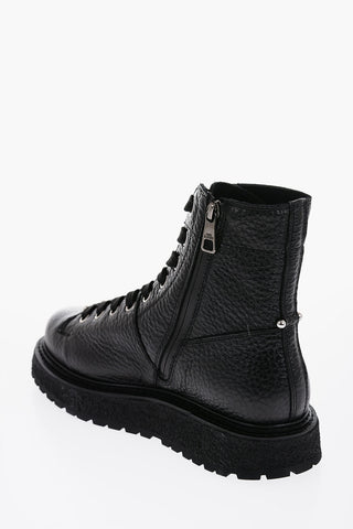 Textured Leather Combat Boots with Side Zip