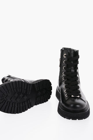 Leather and Fabric Combat Boots with Side Zip