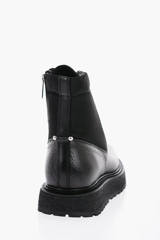 Leather and Fabric Combat Boots with Side Zip