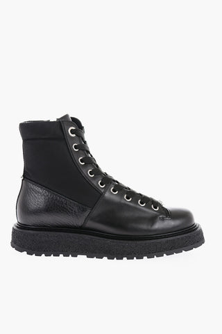 Leather and Fabric Combat Boots with Side Zip