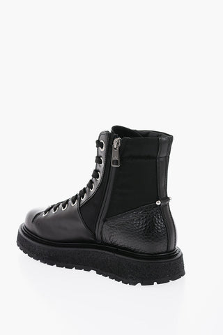Leather and Fabric Combat Boots with Side Zip