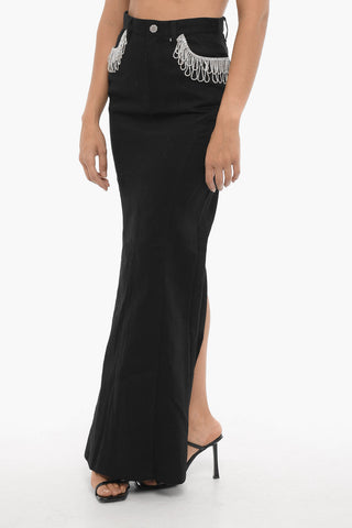 Solid Color Cotton Twill Maxi Skirt with Rhinestone Embellishment