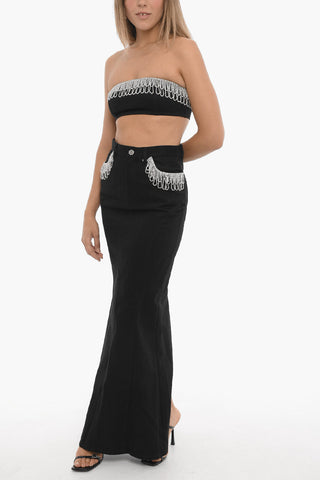 Solid Color Cotton Twill Maxi Skirt with Rhinestone Embellishment