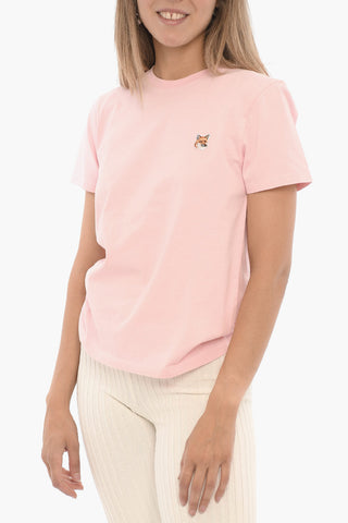 Solid Color Crew-neck T-Shirt with Fox Embroidery